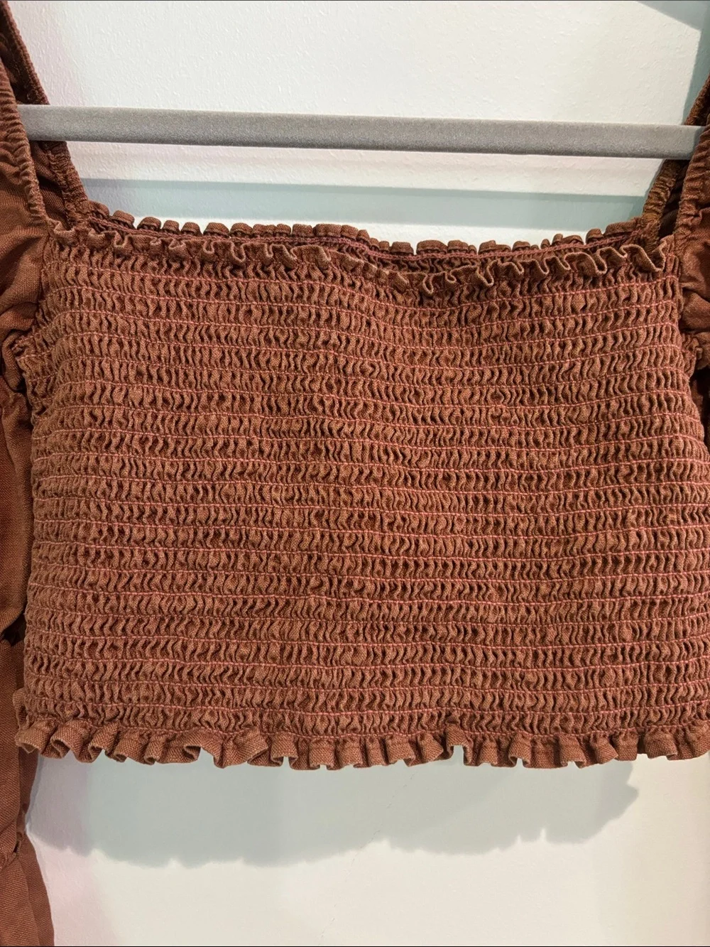 Reformation Darby Smocked Top Cafe Brown Medium M Milkmaid Puff Sleeve Cropped